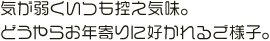 気が弱くいつも控え気味。どうやらお年寄りに好かれるご様子。